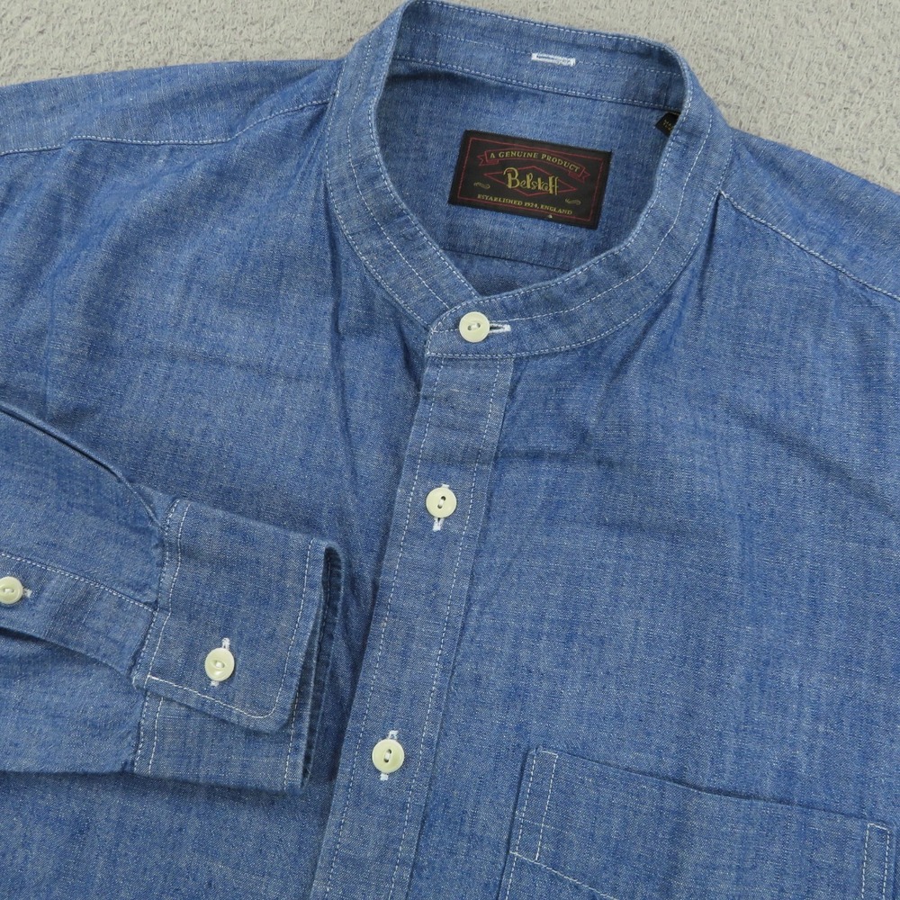 Belstaff Mens XL Blue Chambray Denim Grandad Mandarin Band Collar Button Up